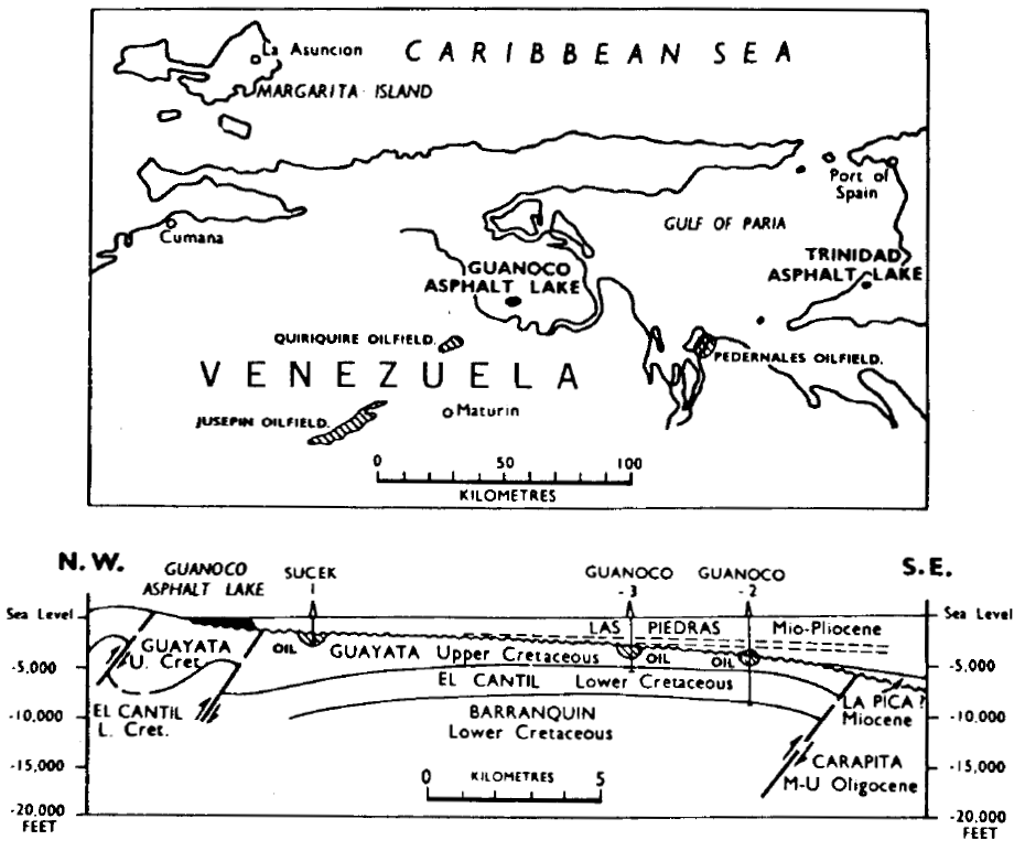 شکل شماره 16 نقشه مکانی و همچنین مقطع عرضی هندسی ناحیه Guanoco،ونزوئلا